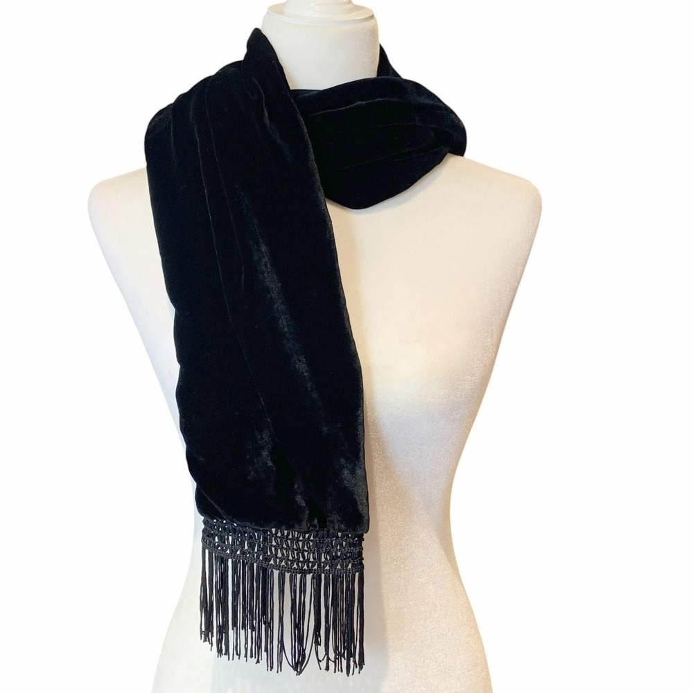 Black Velvet Scarf Women Crochet Lace Fringe Whimsigoth Goth Romantic Evening
